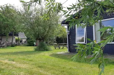 a house with a picnic table in the yard at Chalet Egmond in Egmond aan den Hoef