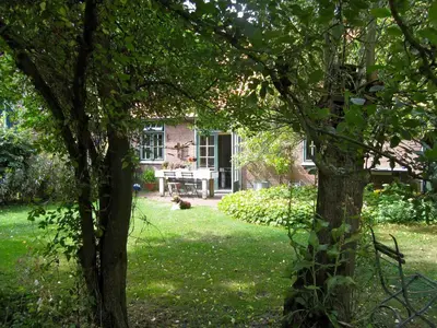 a yard with two trees in front of a house at De Windroos | Atelier Aan Zee in Groet