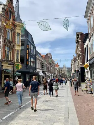 a group of people walking down a busy city street at Comfortable Room in Alkmaar