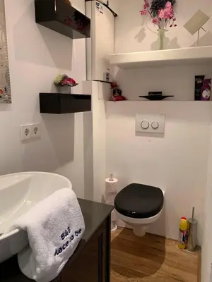 a bathroom with a black toilet and a sink at Place To Be in Naarden
