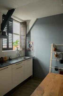 a kitchen with a sink and a window at Bed and Breakfast du Parc in Zaandam