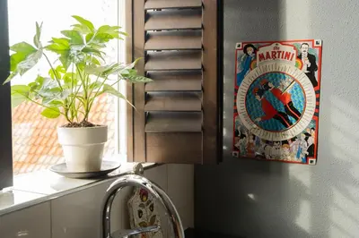 a poster on a wall next to a window with a plant at Bed and Breakfast du Parc in Zaandam
