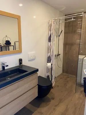 a bathroom with a sink and a shower at Tjotter in Amsterdam