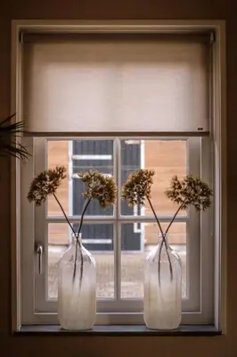 two vases sitting on a window sill with flowers in them at De Kroft Beach Residences Noordwijk aan Zee in Noordwijk