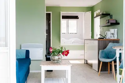 a kitchen with green walls and a vase of flowers on a table at Rijk aan Zee Ecolodges in Wijk aan Zee