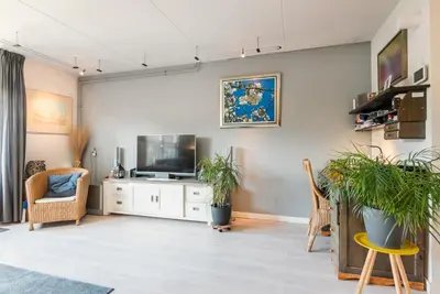 a living room with potted plants and a tv at De Zonnestraal in Bergen