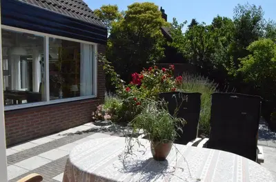 a table with a potted plant on a patio at Zeelicht in Noordwijkerhout