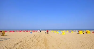 a group of people walking on a beach at pension canberra in Bergen aan Zee