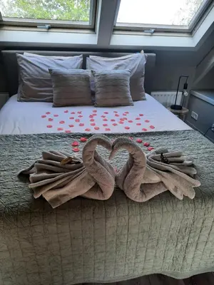 a bed with two towels in the shape of a heart at Wellness Lodge aan de Braassem in Rijnsaterwoude