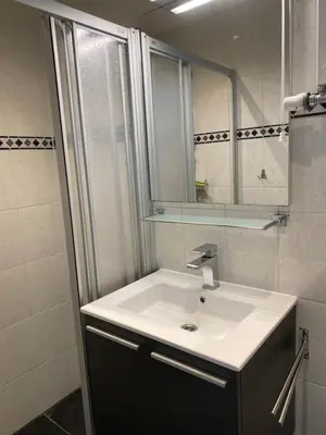a bathroom with a sink and a mirror and a shower at De Wulk 27 in Zandvoort