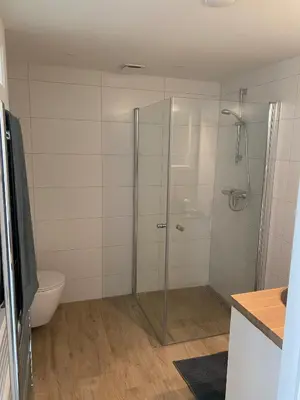 a bathroom with a glass shower with a toilet at Holidayhome Geuzenhoeve op de Munnickaij in Schellinkhout