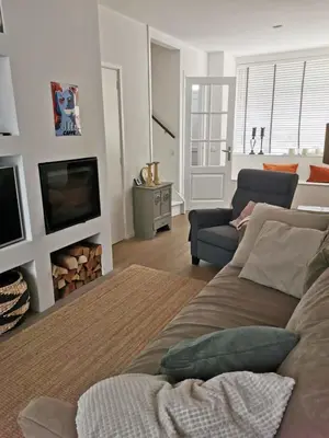 a living room with a couch and a tv at Sandy's Family Beach House for 2 adults & 2 children in Zandvoort