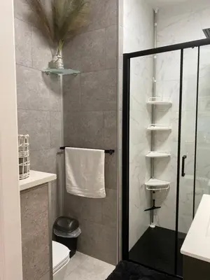 a bathroom with a shower with a toilet and a sink at Scottish Thistle in Zandvoort