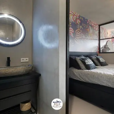 a bedroom with a bed and a mirror and a sink at BB aan de Zuyderzee in Bunschoten