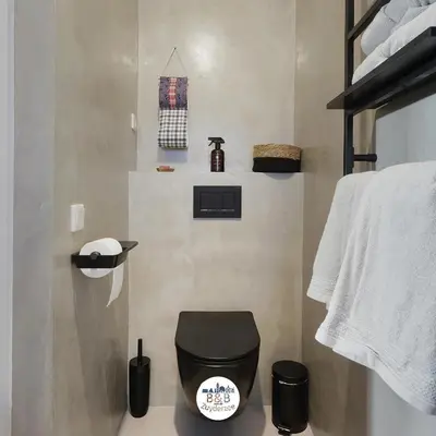 a bathroom with a toilet and towels on the wall at BB aan de Zuyderzee in Bunschoten