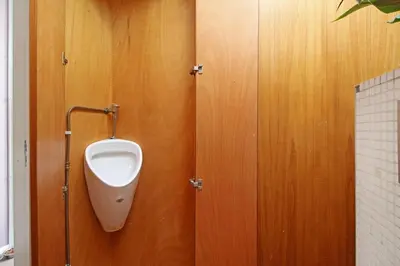 a bathroom with a urinal on a wooden wall at Elegant penthouse LOFT of 250 m2 in city centre with huge roofgarden 80 m2 in Amsterdam