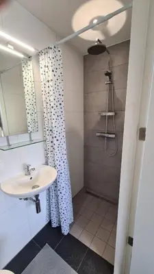 a bathroom with a sink and a shower at B&B Adrina in Zeewolde