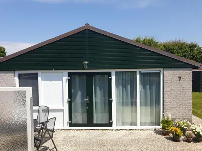 a house with a green roof and glass doors at Ferienhaus-Naumann-Kreetz in Burgerbrug