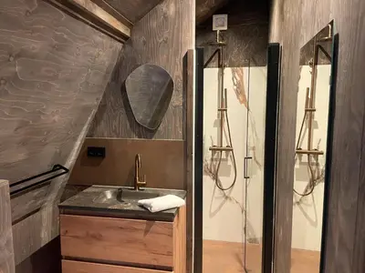 a bathroom with a sink and a shower at Park Heerehof in Schoorl