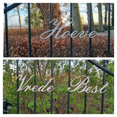 a collage of three pictures of a fence with the words peace needed best at Het Voorhuis boerderij Hoeve Vrede Best in Weesp