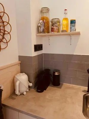 a kitchen with a counter with some items on it at Studio 41 Bergen NH in Bergen