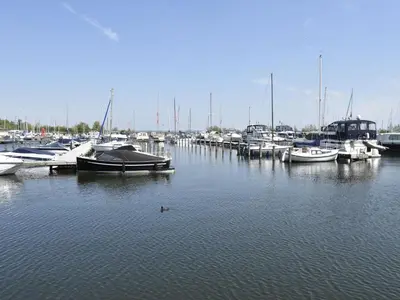 a bunch of boats are docked in a marina at Holiday Home in Flevoland with Pool in Zeewolde