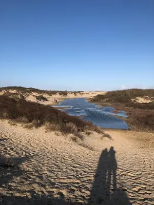 a shadow of a person walking on a beach at The Lighthouse Cabin in Noordwijk
