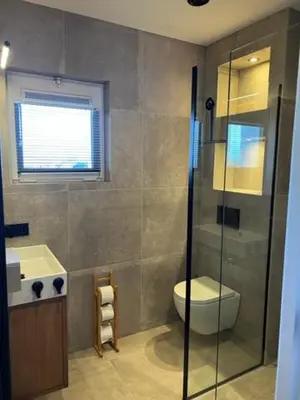a bathroom with a shower and a toilet and a sink at Casa del Cisne 3 in Zandvoort