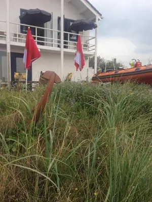 two flags in the grass in front of a house at Zee en Duin in Zandvoort