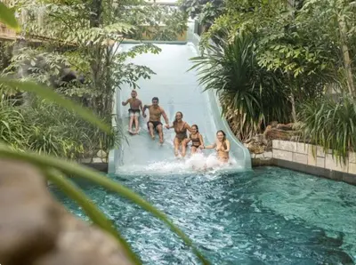 a group of people jumping off a water slide at Green Tiny House with shared pool in Zeewolde
