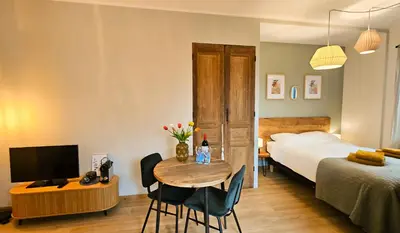 a hotel room with a bed and a table with a television at Have a nice stay! - Studio tussen de bossen en de bollenvelden in Noordwijkerhout