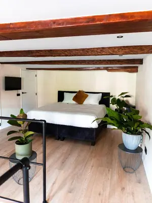 a bedroom with a bed and two potted plants at Appartement Wolf in Alkmaar
