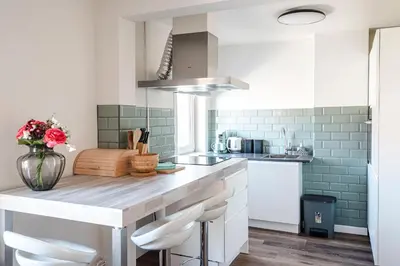 a kitchen with a counter with a vase of flowers at Albatros aan Zee - Apartment in Zandvoort