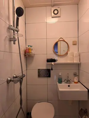 a bathroom with a shower and a toilet and a sink at Central B&B Apartment in Amsterdam in Amsterdam