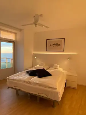 a bedroom with a large white bed with a window at Zwarte Vis in Zandvoort
