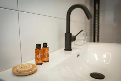a bathroom counter with a sink and a faucet at Bed & Breakfast Bakker Meijer in Heemskerk