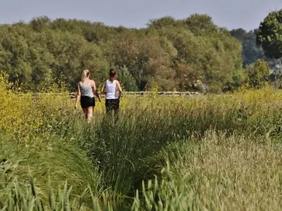 two women walking through a field of tall grass at De Beijersche Stee , Landhuysje in Stolwijk