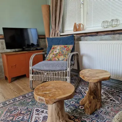 a living room with a chair and two log stools at Het Zomerhuis in Egmond-Binnen