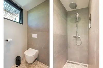 two pictures of a bathroom with a toilet and a shower at Berger Lodge in Alkmaar