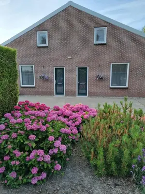 a brick building with pink flowers in front of it at Hemmer Hofstede in Hem