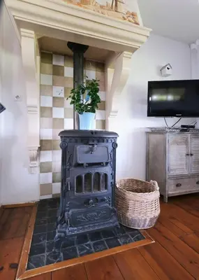 a black stove in a living room with a tv at Idyllisch en knus huisje met prachtige veranda. in Oterleek