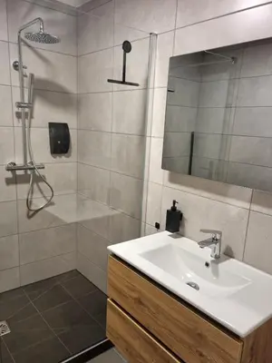 a bathroom with a sink and a shower with a mirror at Hemmer Hoeve in Hem