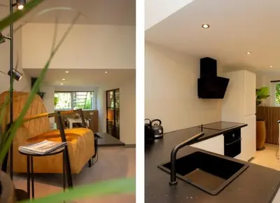 two pictures of a living room and a bedroom at High Five in Zandvoort