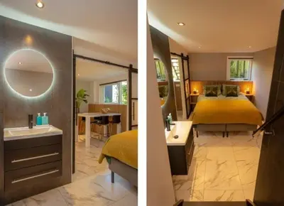 two pictures of a bedroom with a bed and a bathroom at High Five in Zandvoort