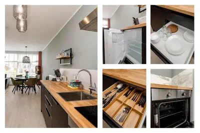 a collage of photos of a kitchen and a dining room at Amsterdam Beach Apartment 52 in Zandvoort