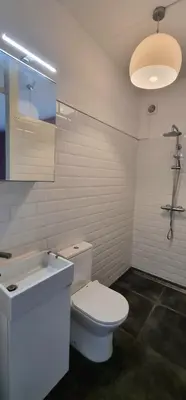 a bathroom with a white toilet and a sink at Lovely 1 bedroom apartment with garden no smoking in Amsterdam