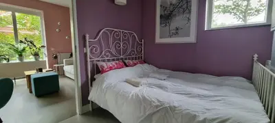 a bedroom with a large bed with a purple wall at Lovely 1 bedroom apartment with garden no smoking in Amsterdam
