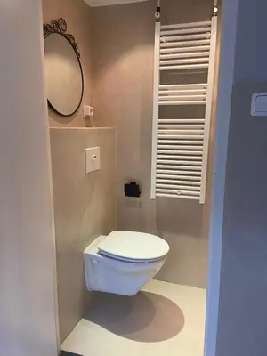 a bathroom with a white toilet and a mirror at Piet's Beachhouse in Katwijk aan Zee