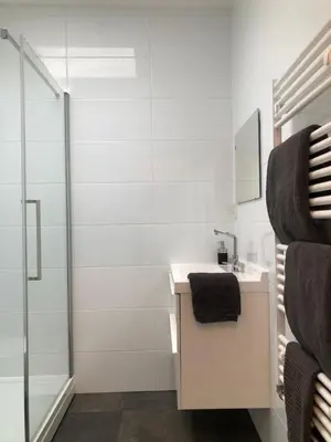 a white bathroom with a sink and a shower at Kingstreet Apartment in Zandvoort