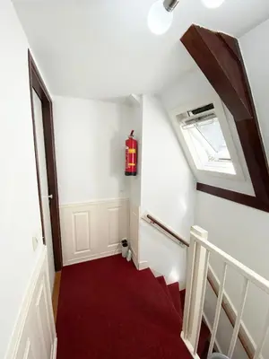 an attic hallway with a red carpet and a skylight at Flinder Amsterdam in Amsterdam